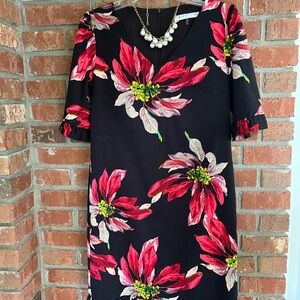 Trina Turk Black Floral Shift Dress Midi Party Christmas Holiday size 8 feminine